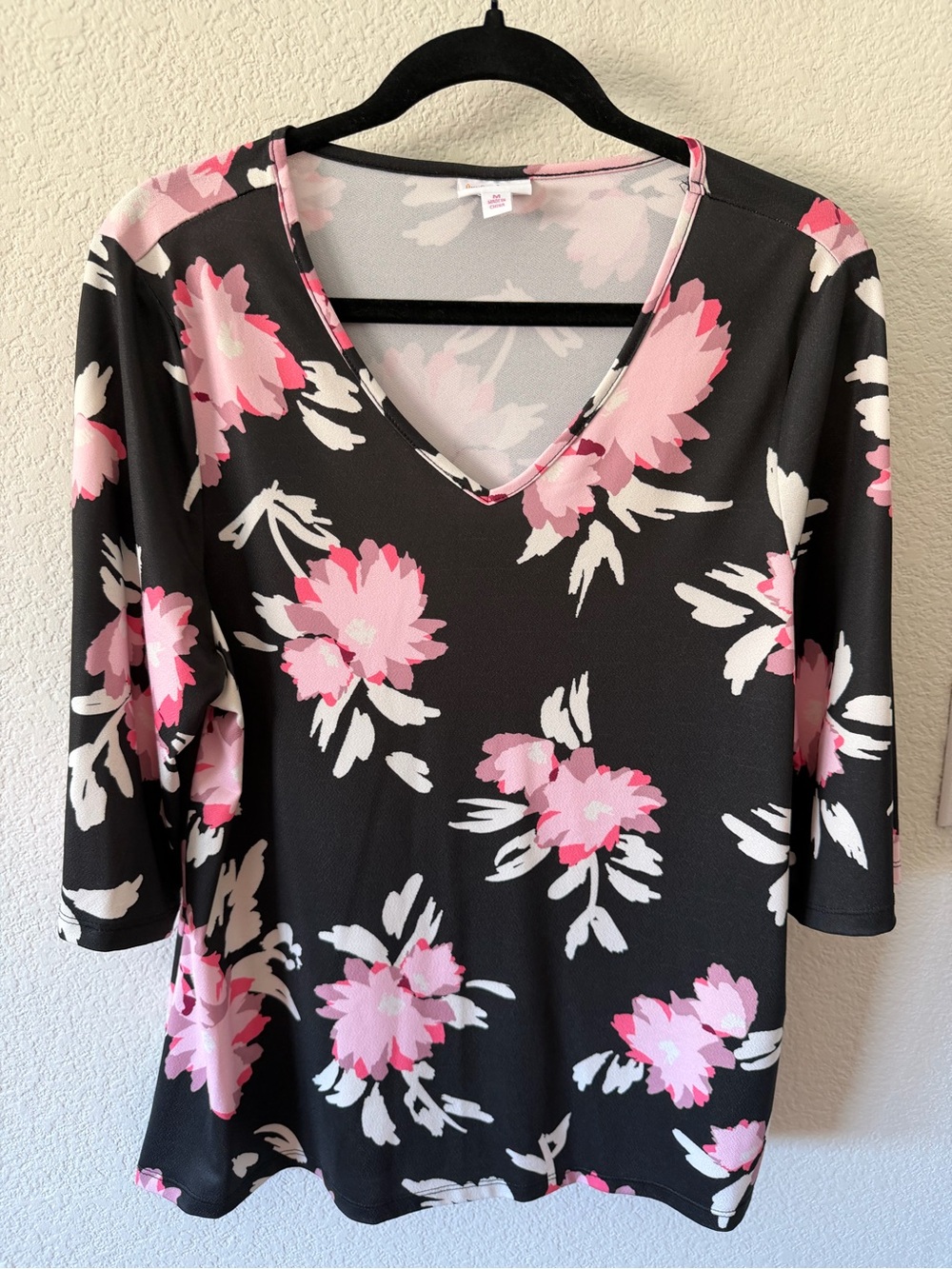 LuLaRoe Black Long Sleeve V-Neck Top with Pink and White Floral Prints